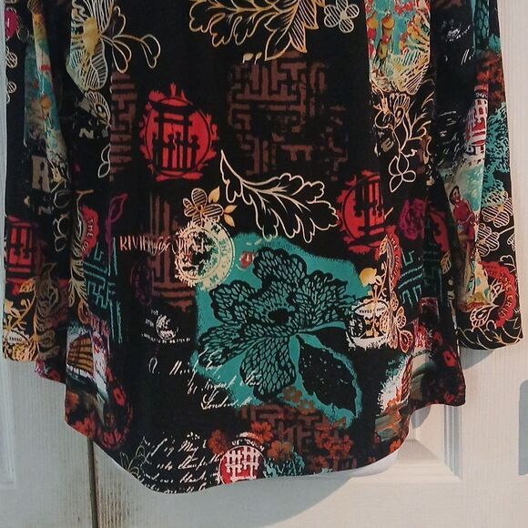 Investments black Asian Orient print long sleeve blouse Sz XL - Picture 2 of 8